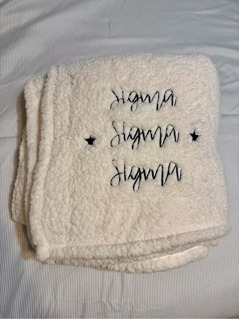 New Sigma Sigma Sigma Embroidered Cream Sherpa Throw with Black Script and Stars